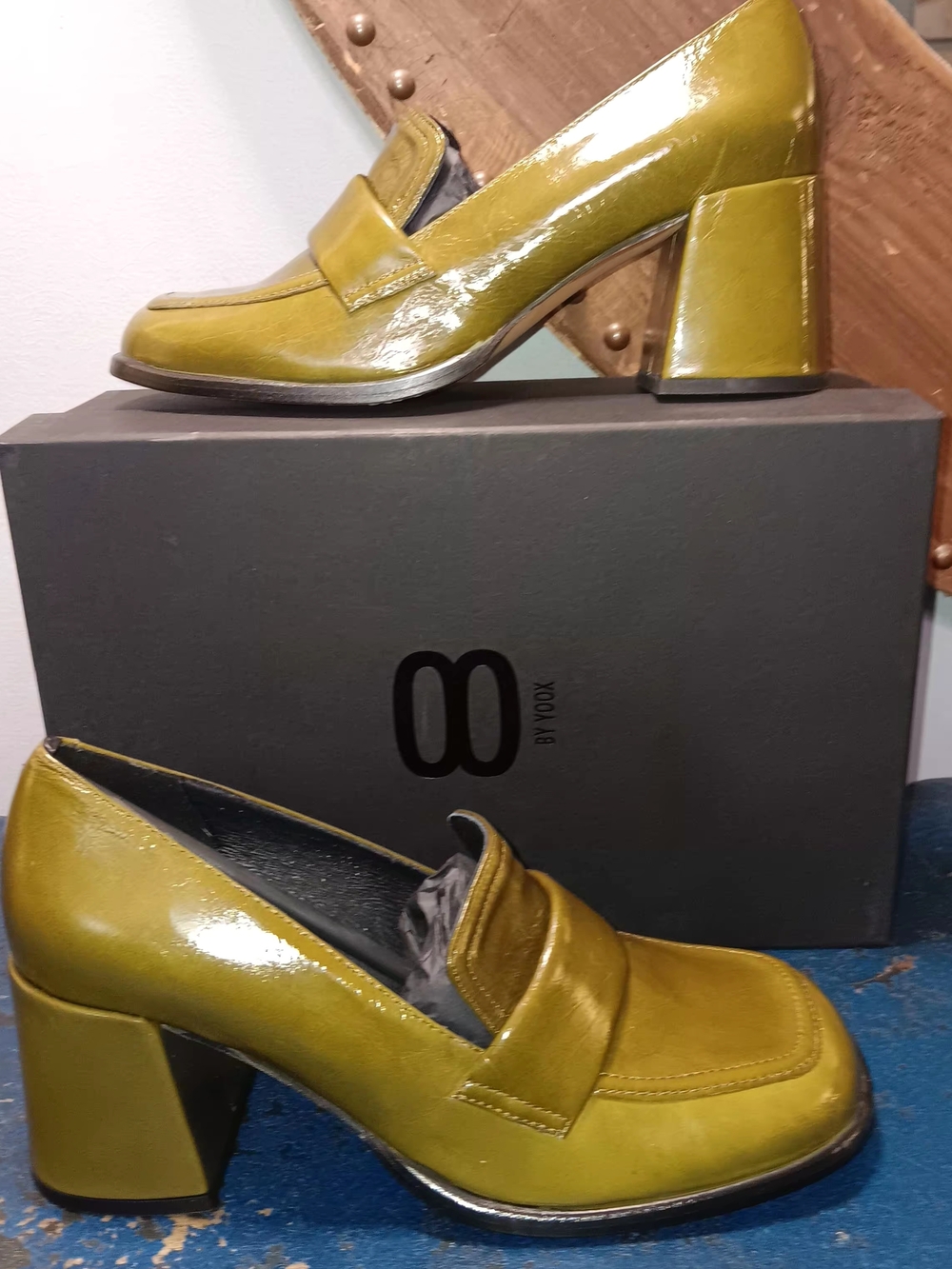 Olive Green Patent Block Heel Loafers